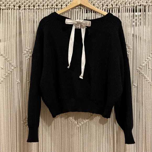 Zara Black Crew Neck Women's Sweater with Tie Back Collar - Picture 3 of 8